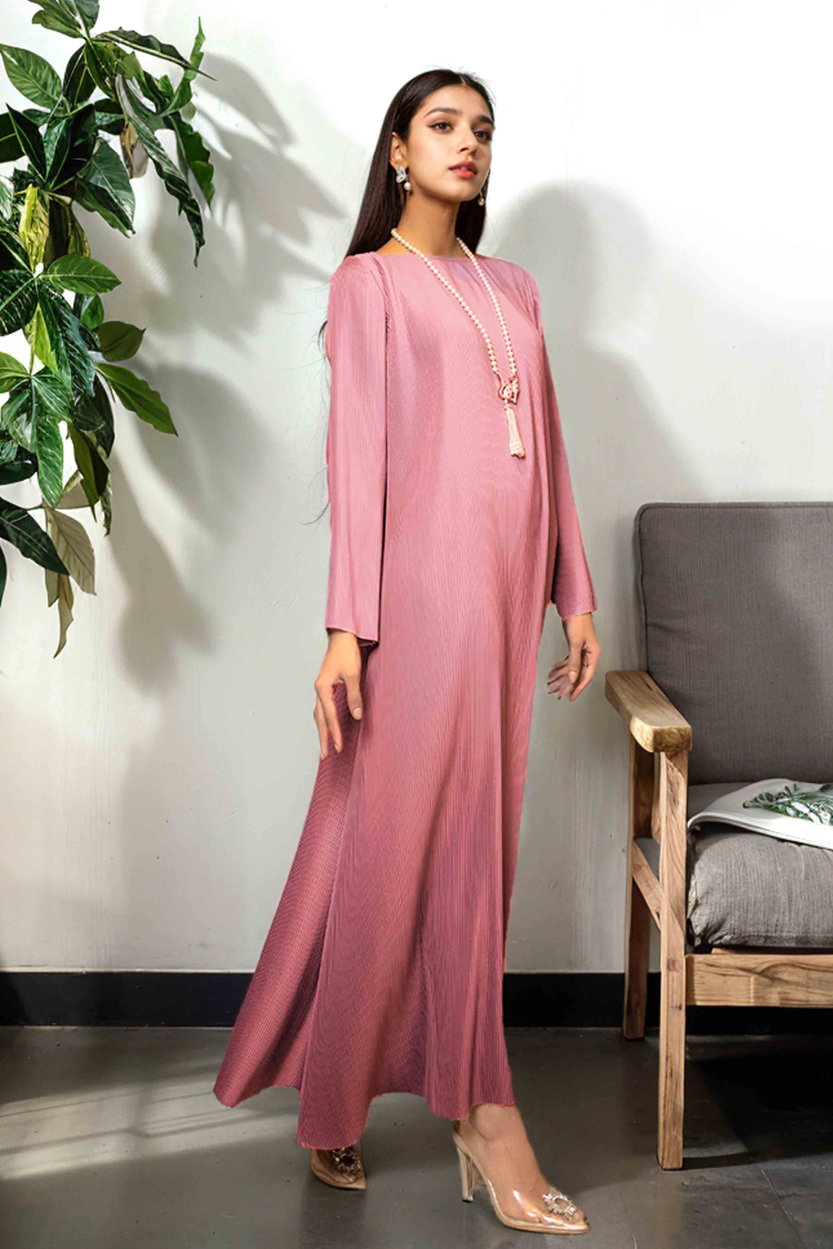 Champagne Pink Long Pleated Shirt